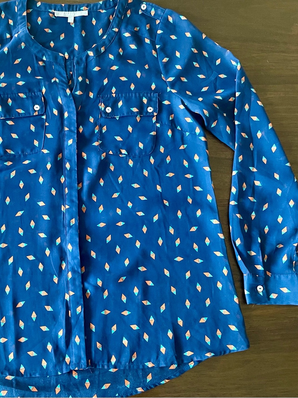 Daniel Rainn Sheer Navy Blouse with Orange & Teal Geo Print - Size Large
